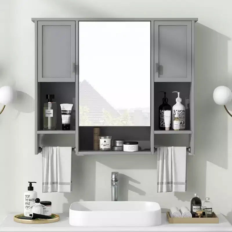 FAMYYT 35 in. W x 28 in. H Rectangular MDF Board Surface Mount Bathroom Medicine Cabinet with Mirror, Towels Bar