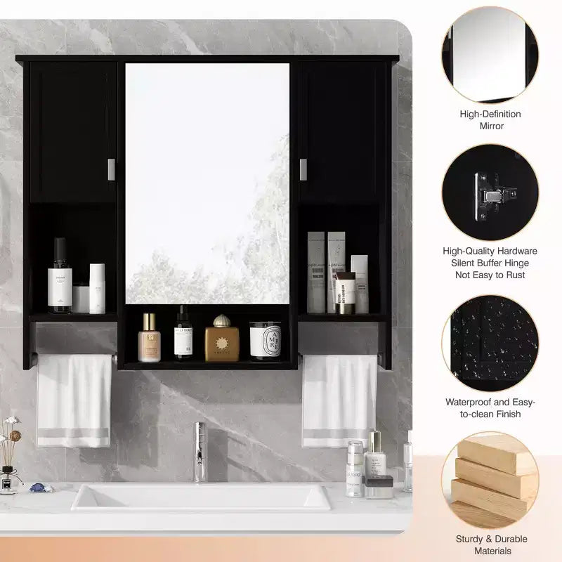 FAMYYT 35 in. W x 28 in. H Rectangular MDF Board Surface Mount Bathroom Medicine Cabinet with Mirror, Towels Bar
