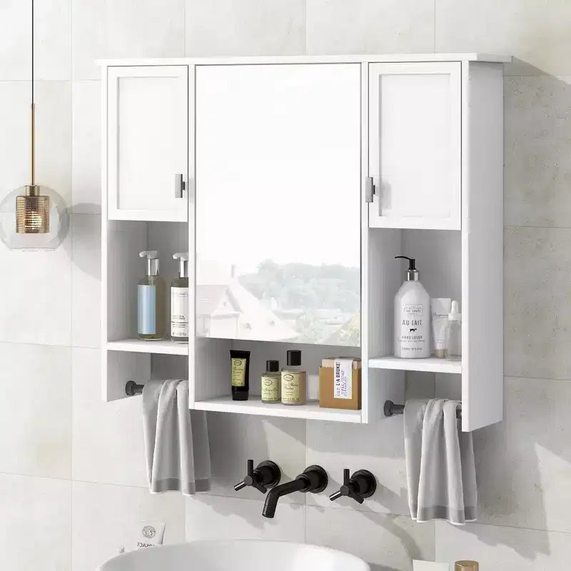 FAMYYT 35 in. W x 28 in. H Rectangular MDF Board Surface Mount Bathroom Medicine Cabinet with Mirror, Towels Bar