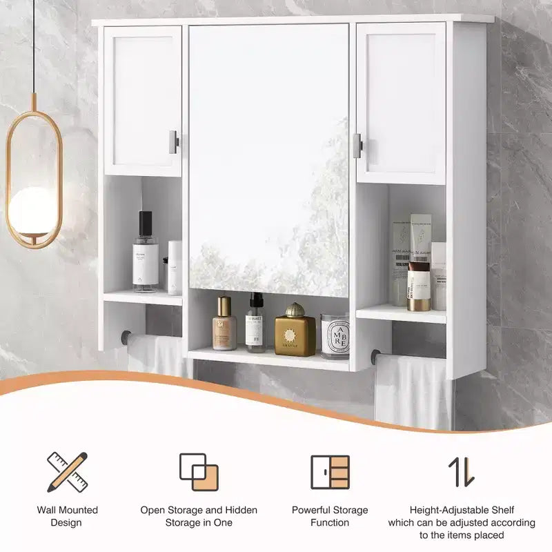 FAMYYT 35 in. W x 28 in. H Rectangular MDF Board Surface Mount Bathroom Medicine Cabinet with Mirror, Towels Bar