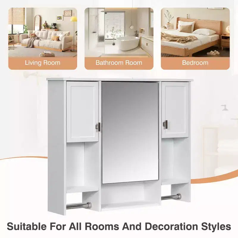 FAMYYT 35 in. W x 28 in. H Rectangular MDF Board Surface Mount Bathroom Medicine Cabinet with Mirror, Towels Bar
