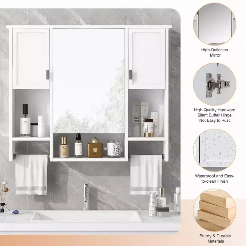 FAMYYT 35 in. W x 28 in. H Rectangular MDF Board Surface Mount Bathroom Medicine Cabinet with Mirror, Towels Bar