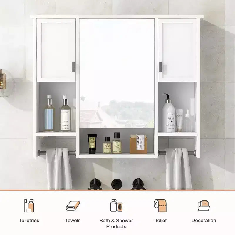 FAMYYT 35 in. W x 28 in. H Rectangular MDF Board Surface Mount Bathroom Medicine Cabinet with Mirror, Towels Bar