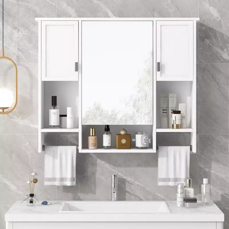 FAMYYT 35 in. W x 28 in. H Rectangular MDF Board Surface Mount Bathroom Medicine Cabinet with Mirror, Towels Bar