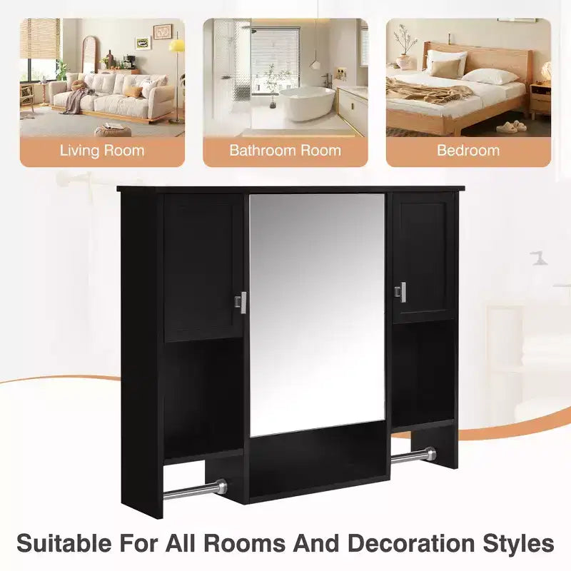 FAMYYT 35 in. W x 28 in. H Rectangular MDF Board Surface Mount Bathroom Medicine Cabinet with Mirror, Towels Bar