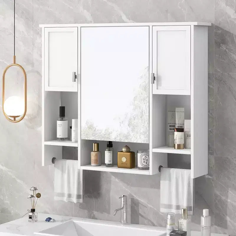 FAMYYT 35 in. W x 28 in. H Rectangular MDF Board Surface Mount Bathroom Medicine Cabinet with Mirror, Towels Bar