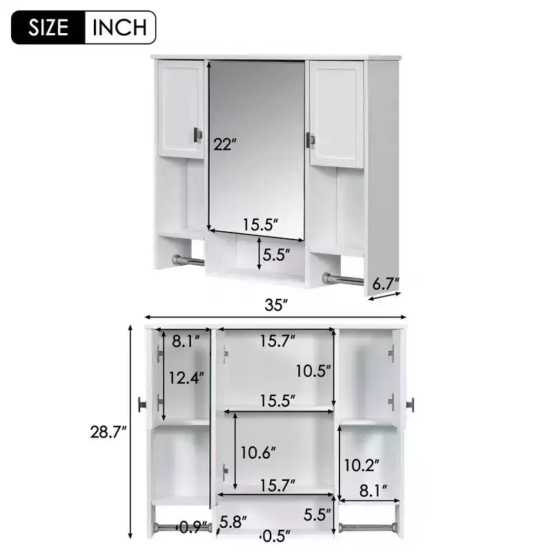 FAMYYT 35 in. W x 28 in. H Rectangular MDF Board Surface Mount Bathroom Medicine Cabinet with Mirror, Towels Bar