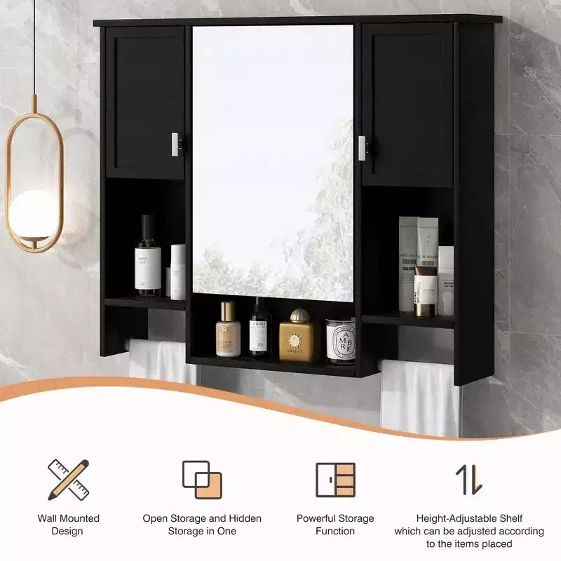 FAMYYT 35 in. W x 28 in. H Rectangular MDF Board Surface Mount Bathroom Medicine Cabinet with Mirror, Towels Bar