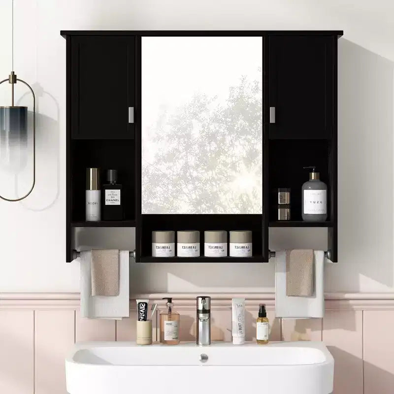 FAMYYT 35 in. W x 28 in. H Rectangular MDF Board Surface Mount Bathroom Medicine Cabinet with Mirror, Towels Bar