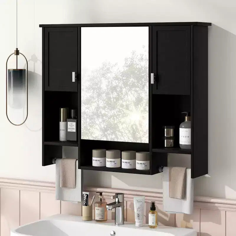 FAMYYT 35 in. W x 28 in. H Rectangular MDF Board Surface Mount Bathroom Medicine Cabinet with Mirror, Towels Bar