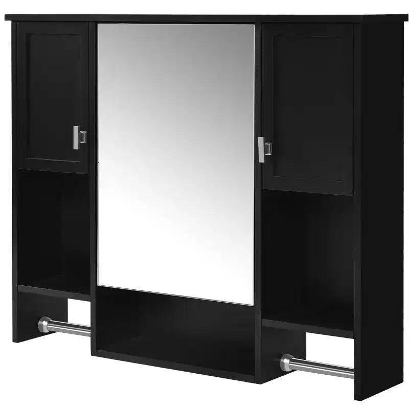 FAMYYT 35 in. W x 28 in. H Rectangular MDF Board Surface Mount Bathroom Medicine Cabinet with Mirror, Towels Bar