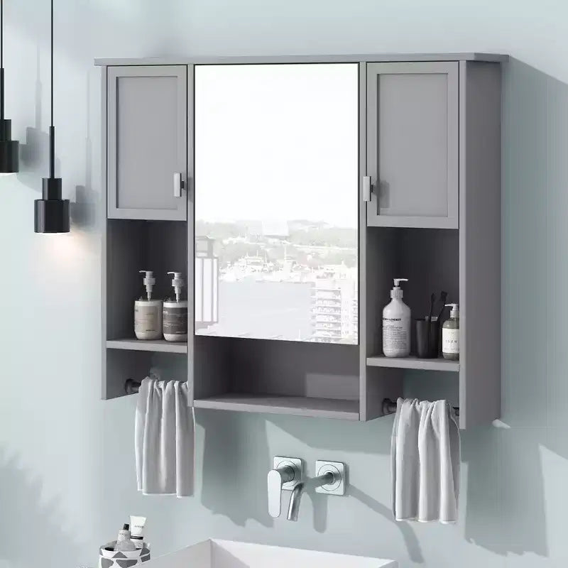 FAMYYT 35 in. W x 28 in. H Rectangular MDF Board Surface Mount Bathroom Medicine Cabinet with Mirror, Towels Bar