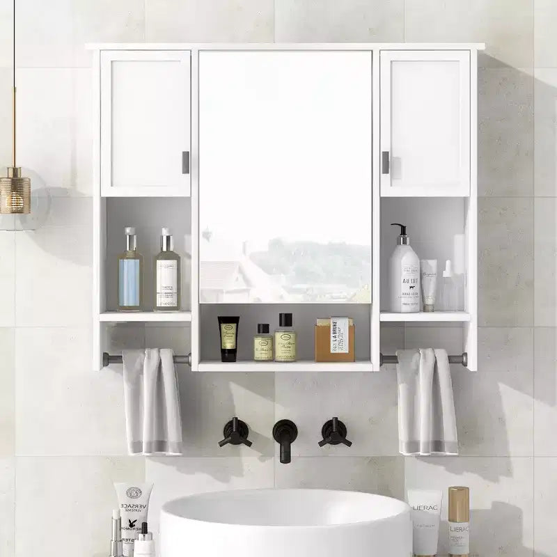 FAMYYT 35 in. W x 28 in. H Rectangular MDF Board Surface Mount Bathroom Medicine Cabinet with Mirror, Towels Bar
