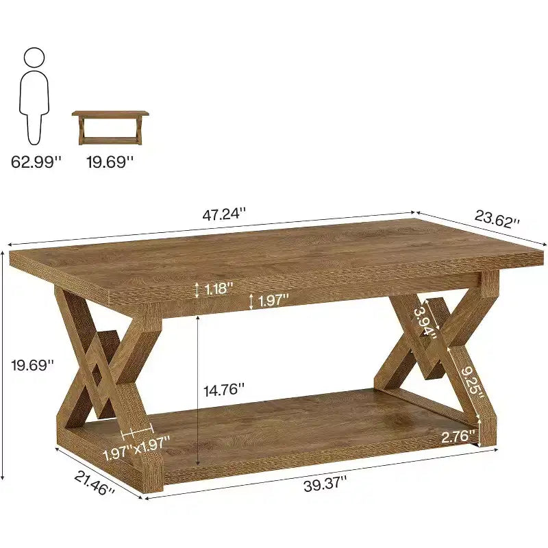 Lantine 2-Tier Coffee Center Table for Living Room, 47.24-Inch Farmhouse Tea Cocktail Table, Easy Assembly