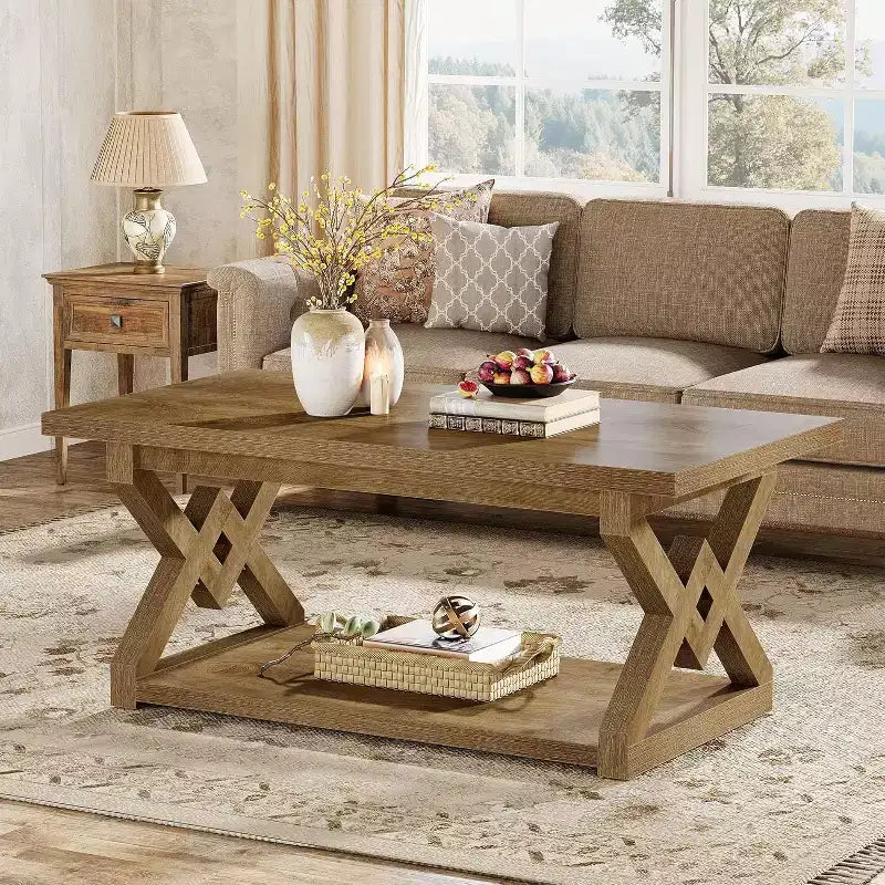 Lantine 2-Tier Coffee Center Table for Living Room, 47.24-Inch Farmhouse Tea Cocktail Table, Easy Assembly