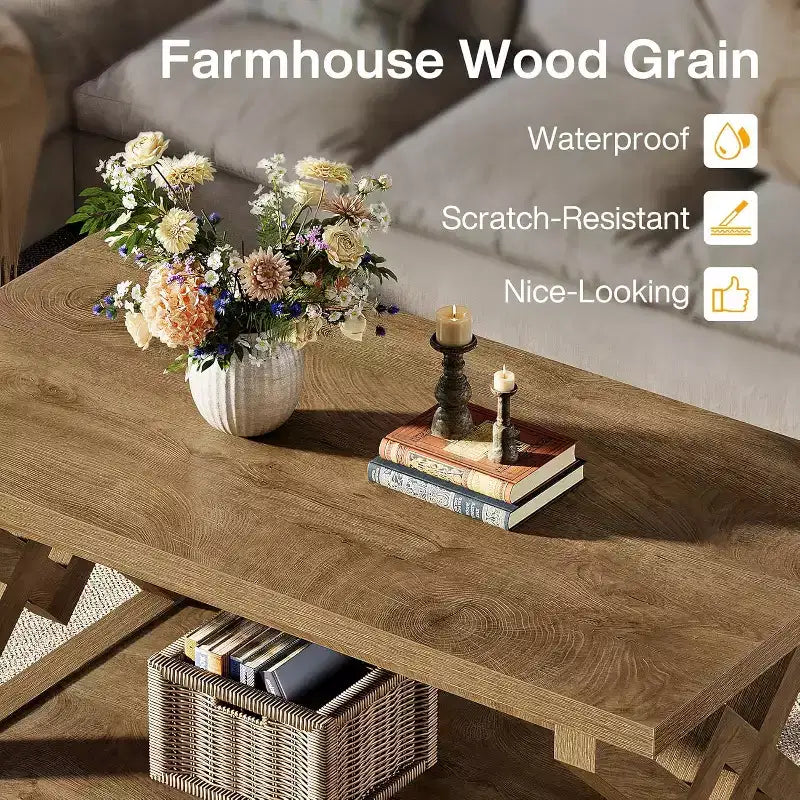 Lantine 2-Tier Coffee Center Table for Living Room, 47.24-Inch Farmhouse Tea Cocktail Table, Easy Assembly