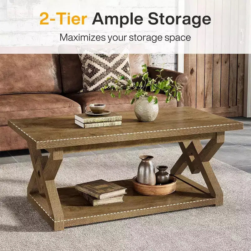 Lantine 2-Tier Coffee Center Table for Living Room, 47.24-Inch Farmhouse Tea Cocktail Table, Easy Assembly