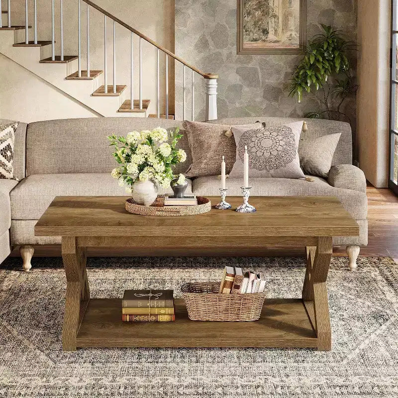 Lantine 2-Tier Coffee Center Table for Living Room, 47.24-Inch Farmhouse Tea Cocktail Table, Easy Assembly