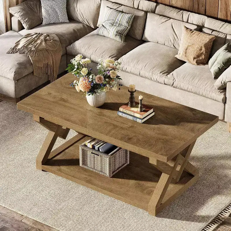 Lantine 2-Tier Coffee Center Table for Living Room, 47.24-Inch Farmhouse Tea Cocktail Table, Easy Assembly