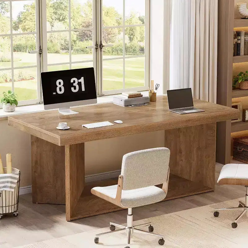 Lantine 63-Inch Executive Desk, Office Computer Desk with Heavy Duty Pedestal, Farmhouse Workstations Writing Table for Home Office, Rustic Brown
