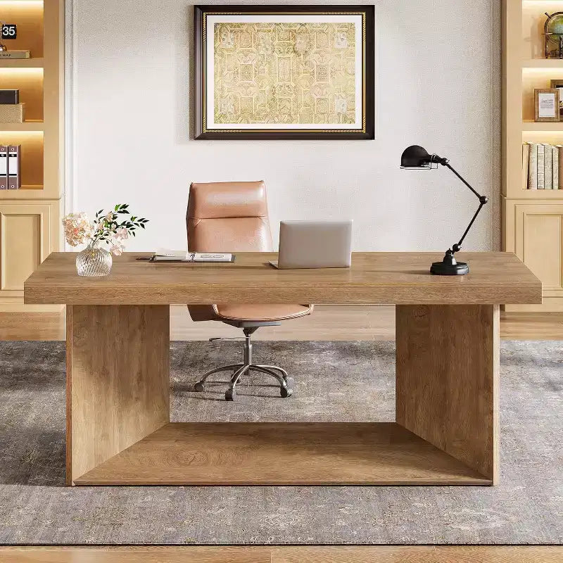 Lantine 63-Inch Executive Desk, Office Computer Desk with Heavy Duty Pedestal, Farmhouse Workstations Writing Table for Home Office, Rustic Brown