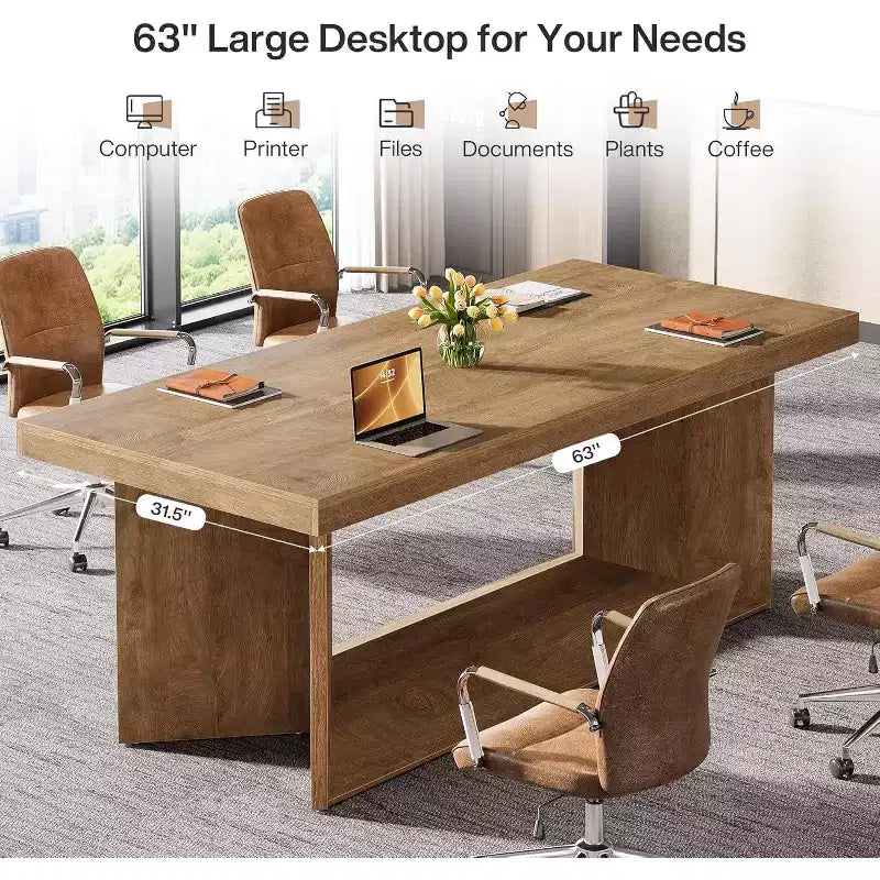 Lantine 63-Inch Executive Desk, Office Computer Desk with Heavy Duty Pedestal, Farmhouse Workstations Writing Table for Home Office, Rustic Brown