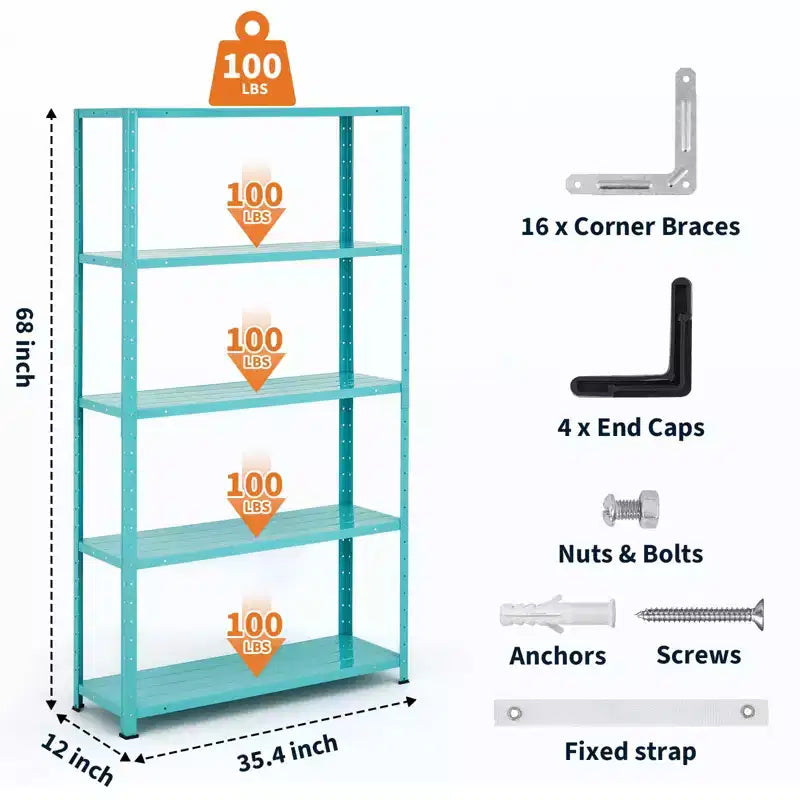 5-Tier Adjustable Storage Shelf, Metal Bookshelf with 500lb Capacity for Home, Garage, or Pantry, 35W x 68H x 12D - Green
