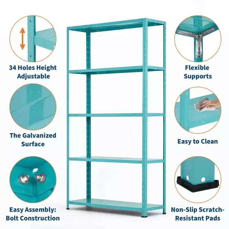 5-Tier Adjustable Storage Shelf, Metal Bookshelf with 500lb Capacity for Home, Garage, or Pantry, 35W x 68H x 12D - Green