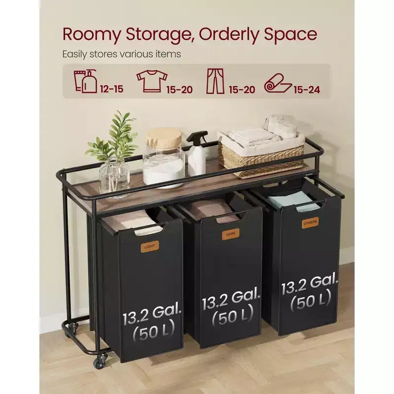 Laundry Sorter with Wheels, 39.6 Gal Rolling Cart with 3 Removable Liners & 6 Labels, Top Shelf for Detergent, Portable Hamper, Ink Black