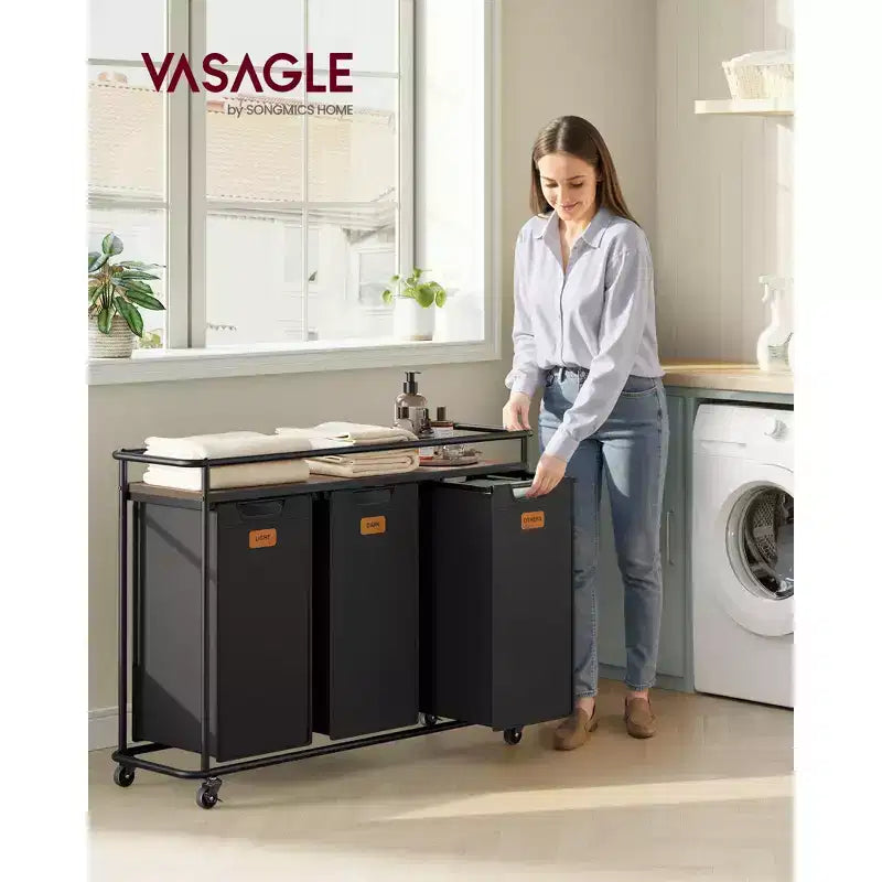 Laundry Sorter with Wheels, 39.6 Gal Rolling Cart with 3 Removable Liners & 6 Labels, Top Shelf for Detergent, Portable Hamper, Ink Black