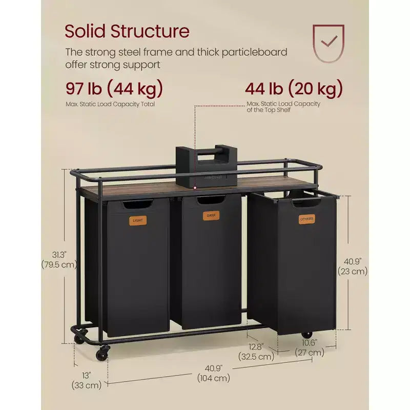 Laundry Sorter with Wheels, 39.6 Gal Rolling Cart with 3 Removable Liners & 6 Labels, Top Shelf for Detergent, Portable Hamper, Ink Black