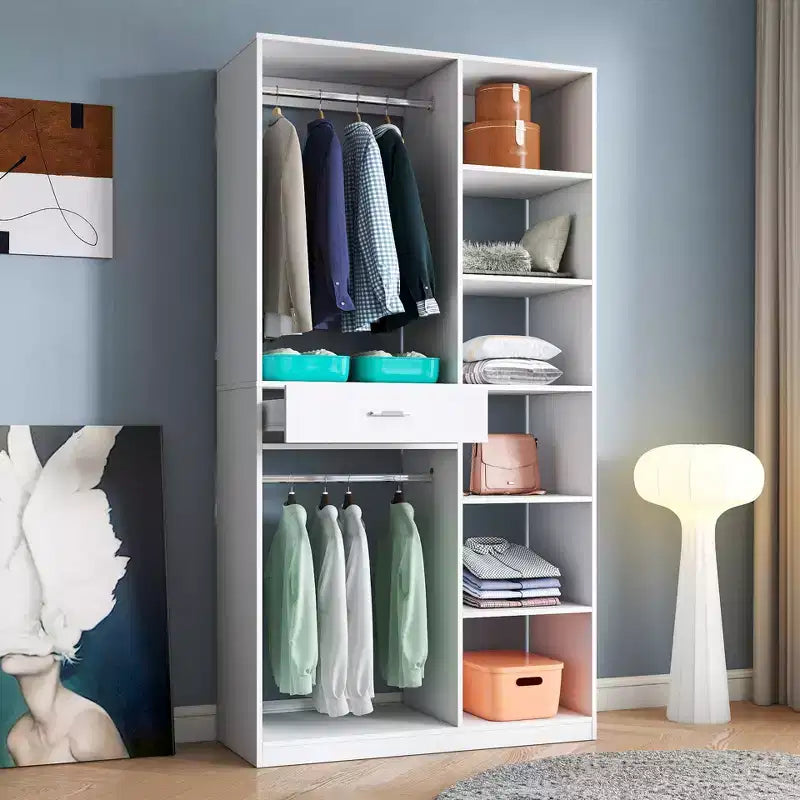 CLIHOME Freestanding Closet System, Standalone Wardrobe with 6 Open Shelves, Wood Walk-in Closet, White