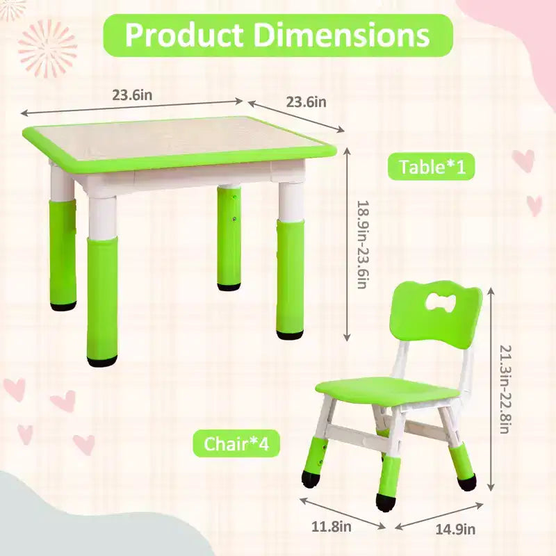 Kids Table and Chairs Set, Adjustable Height Toddler Table & 4 Chairs w/Storage Organizer, Graffiti Top & Non-Slip Legs for Ages 2-10
