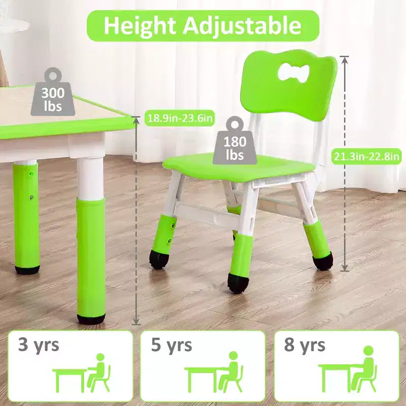 Kids Table and Chairs Set, Adjustable Height Toddler Table & 4 Chairs w/Storage Organizer, Graffiti Top & Non-Slip Legs for Ages 2-10
