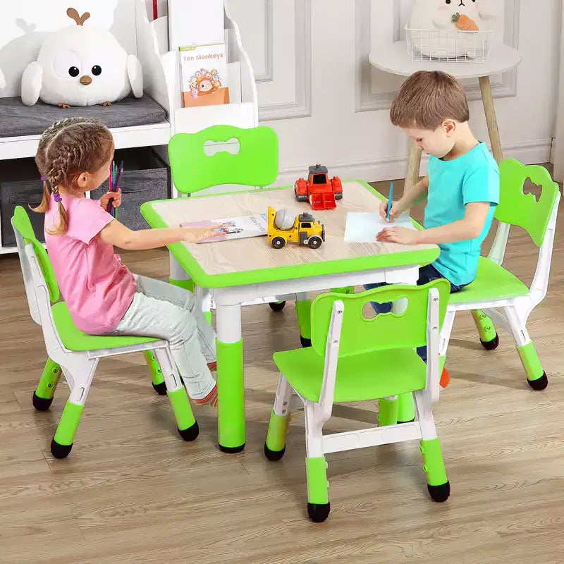 Kids Table and Chairs Set, Adjustable Height Toddler Table & 4 Chairs w/Storage Organizer, Graffiti Top & Non-Slip Legs for Ages 2-10