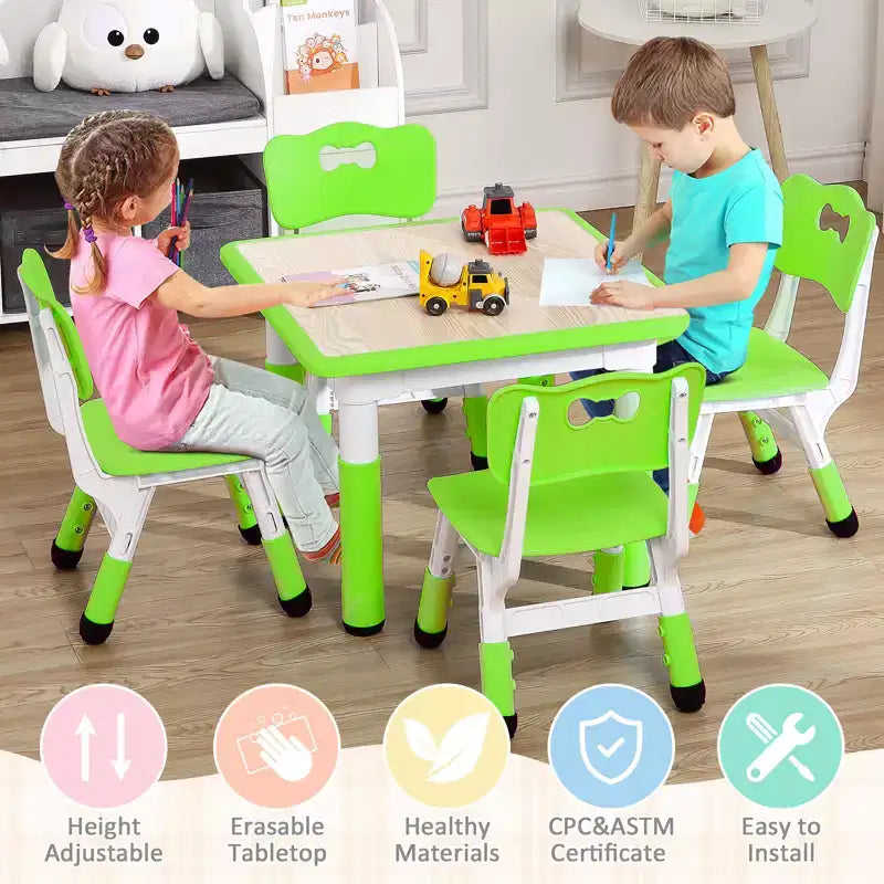 Kids Table and Chairs Set, Adjustable Height Toddler Table & 4 Chairs w/Storage Organizer, Graffiti Top & Non-Slip Legs for Ages 2-10