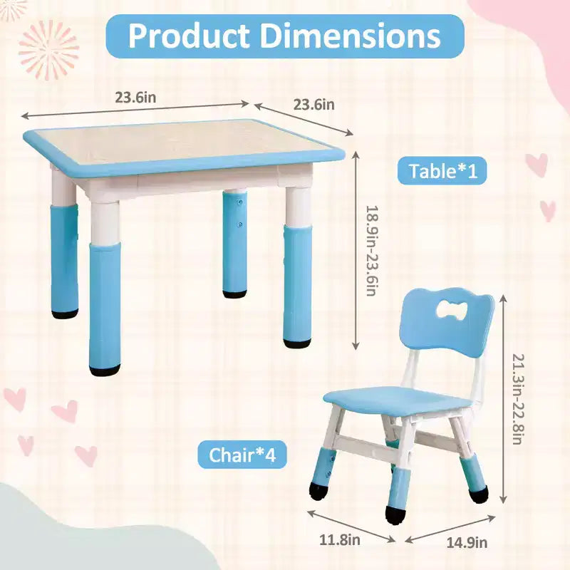 Kids Table and Chairs Set, Adjustable Height Toddler Table & 4 Chairs w/Storage Organizer, Graffiti Top & Non-Slip Legs for Ages 2-10