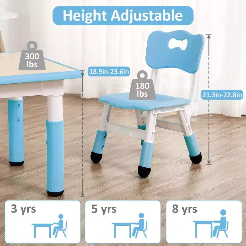 Kids Table and Chairs Set, Adjustable Height Toddler Table & 4 Chairs w/Storage Organizer, Graffiti Top & Non-Slip Legs for Ages 2-10