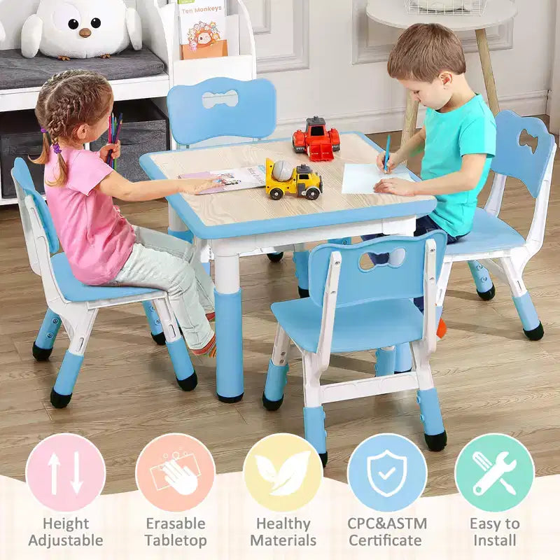 Kids Table and Chairs Set, Adjustable Height Toddler Table & 4 Chairs w/Storage Organizer, Graffiti Top & Non-Slip Legs for Ages 2-10