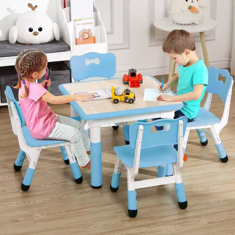Kids Table and Chairs Set, Adjustable Height Toddler Table & 4 Chairs w/Storage Organizer, Graffiti Top & Non-Slip Legs for Ages 2-10