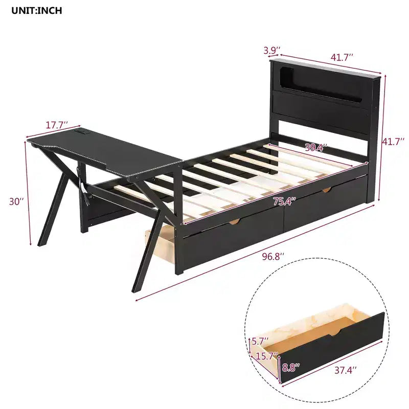 GDFStudio Mathews Wooden Gaming Platform Bed with LED Headboard, LED Desk, USB and Two Storage Drawers