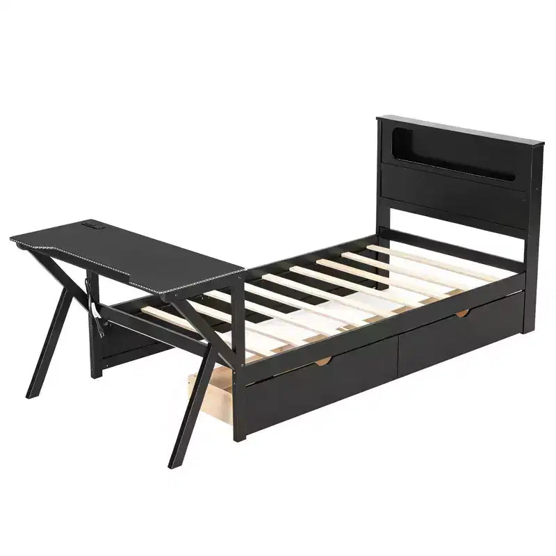 GDFStudio Mathews Wooden Gaming Platform Bed with LED Headboard, LED Desk, USB and Two Storage Drawers