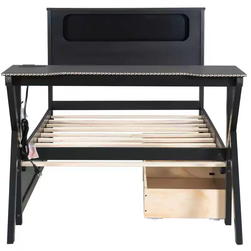 GDFStudio Mathews Wooden Gaming Platform Bed with LED Headboard, LED Desk, USB and Two Storage Drawers