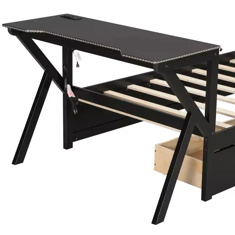 GDFStudio Mathews Wooden Gaming Platform Bed with LED Headboard, LED Desk, USB and Two Storage Drawers