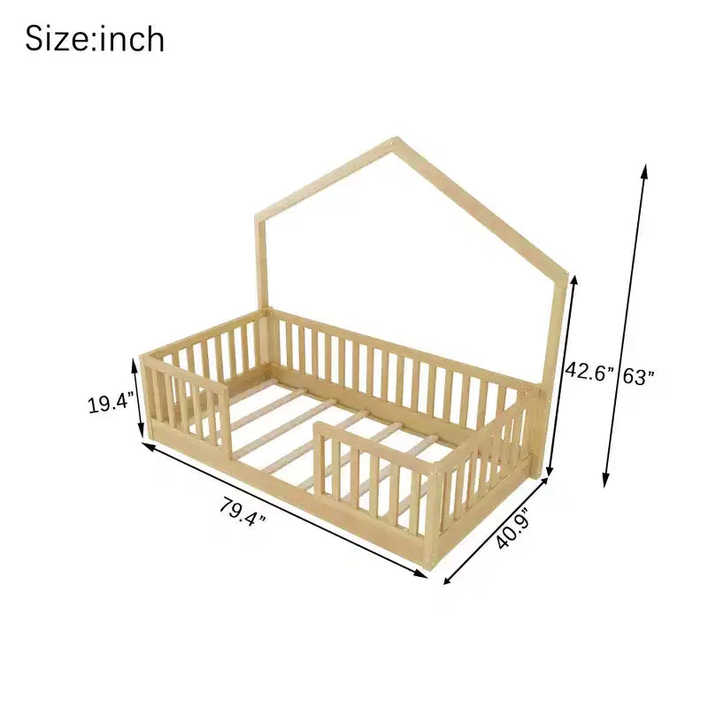 Okak Twin/Full Wooden Montessori Bed Frame with Lights,Modern Floor Platform Bed for Kids Room,Bedroom,No Box Spring Needed