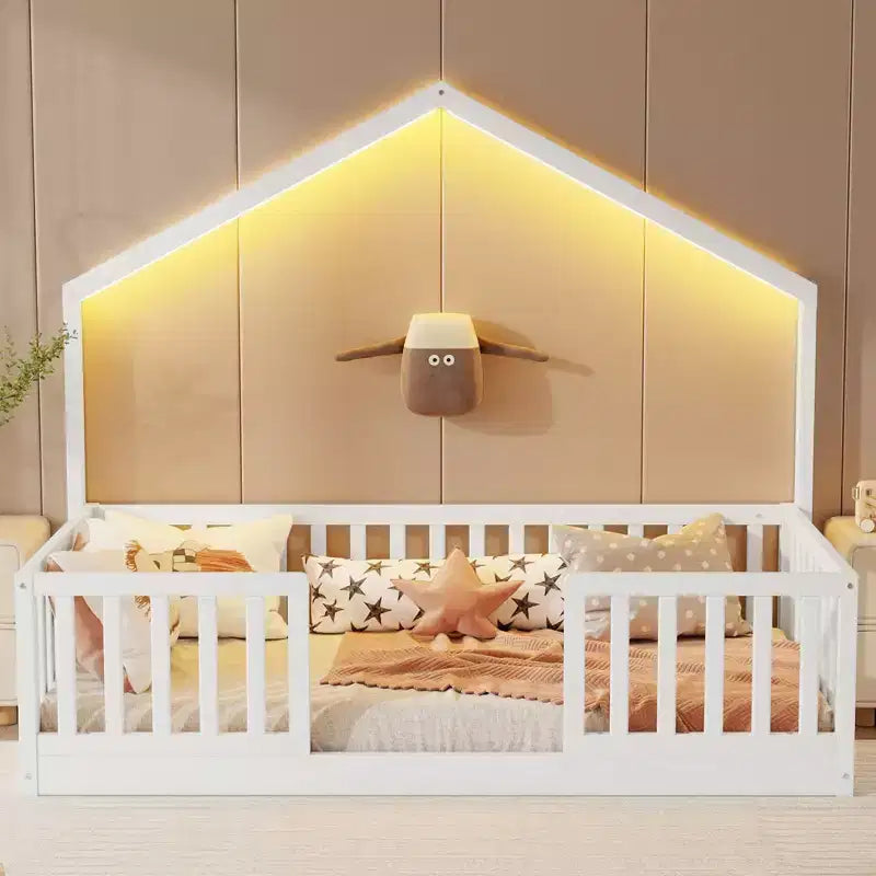 Okak Twin/Full Wooden Montessori Bed Frame with Lights,Modern Floor Platform Bed for Kids Room,Bedroom,No Box Spring Needed