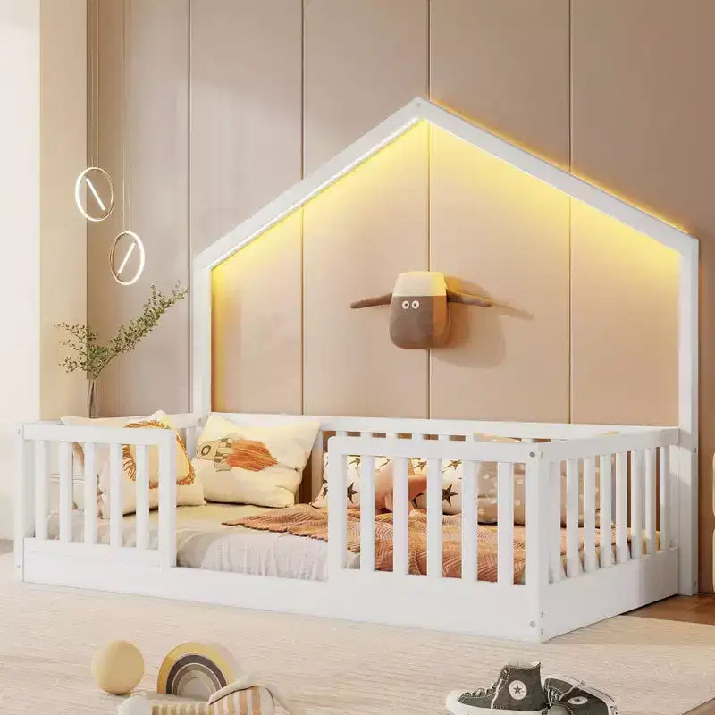 Okak Twin/Full Wooden Montessori Bed Frame with Lights,Modern Floor Platform Bed for Kids Room,Bedroom,No Box Spring Needed