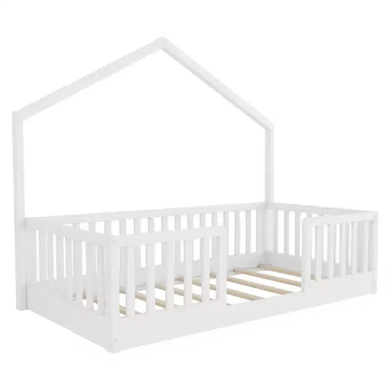 Okak Twin/Full Wooden Montessori Bed Frame with Lights,Modern Floor Platform Bed for Kids Room,Bedroom,No Box Spring Needed