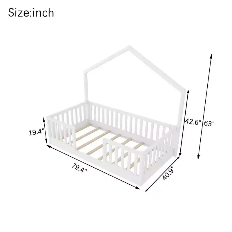 Okak Twin/Full Wooden Montessori Bed Frame with Lights,Modern Floor Platform Bed for Kids Room,Bedroom,No Box Spring Needed