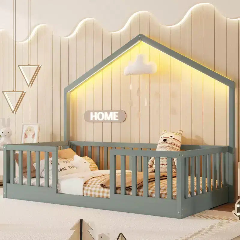 Okak Twin/Full Wooden Montessori Bed Frame with Lights,Modern Floor Platform Bed for Kids Room,Bedroom,No Box Spring Needed